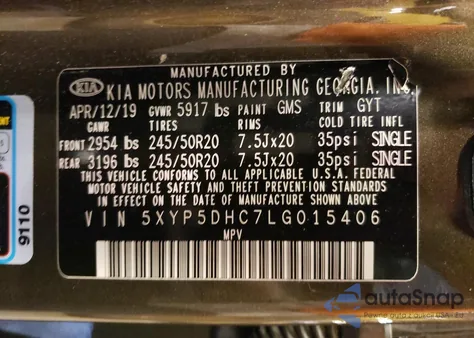 2020 Kia Telluride Sx z USA, uszkodzony, nr VIN 5XYP5DHC7LG015406